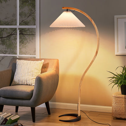 Mid-Century Floor Lamp | Beech Wood & Linen | White, Beige, Brown