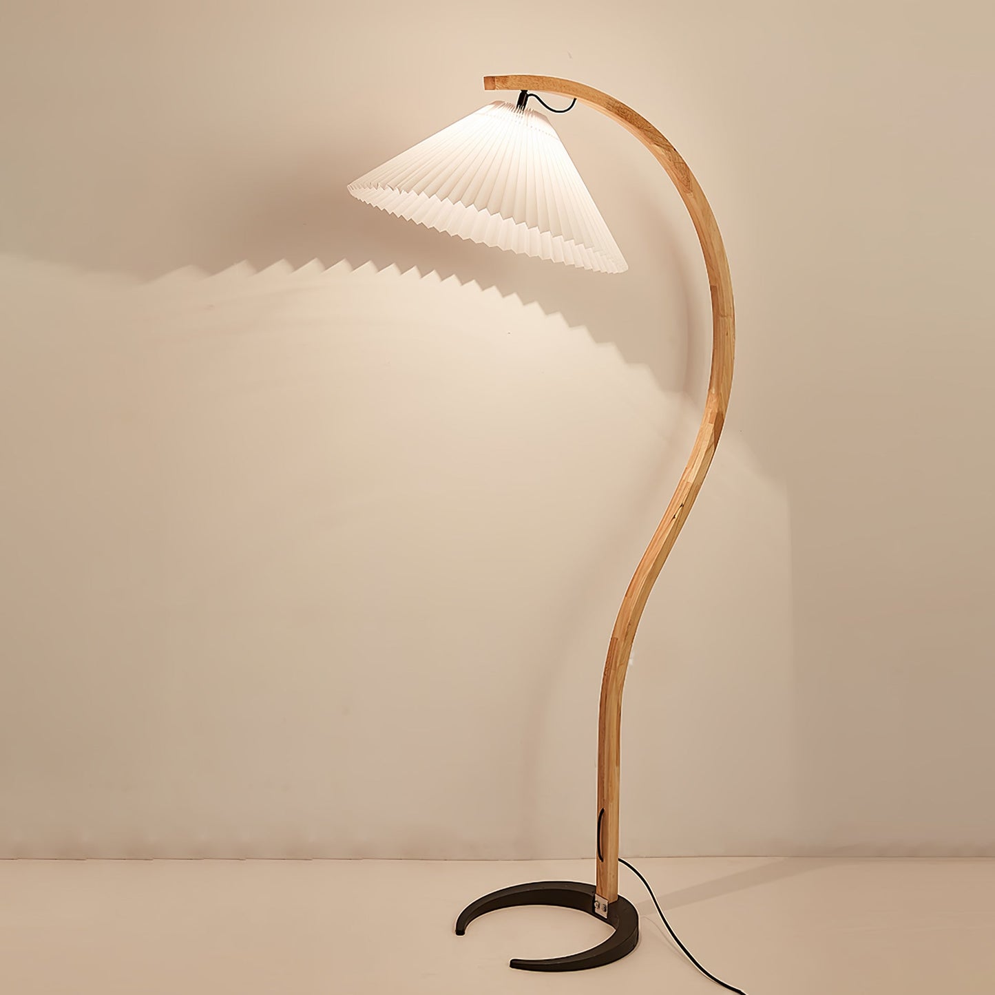 Mid-Century Floor Lamp | Beech Wood & Linen | White, Beige, Brown