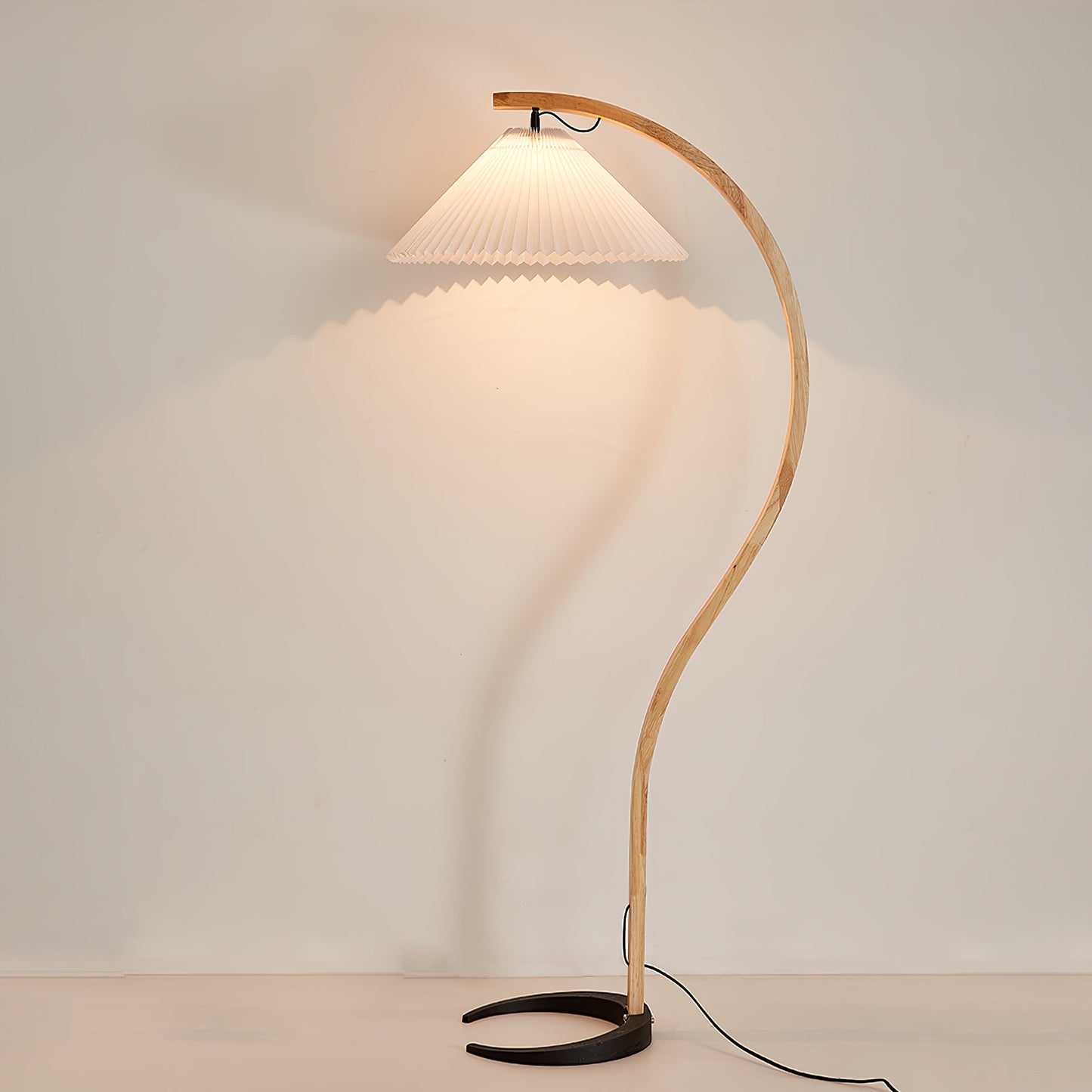 Mid-Century Floor Lamp | Beech Wood & Linen | White, Beige, Brown
