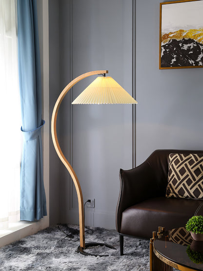 Mid-Century Floor Lamp | Beech Wood & Linen | White, Beige, Brown