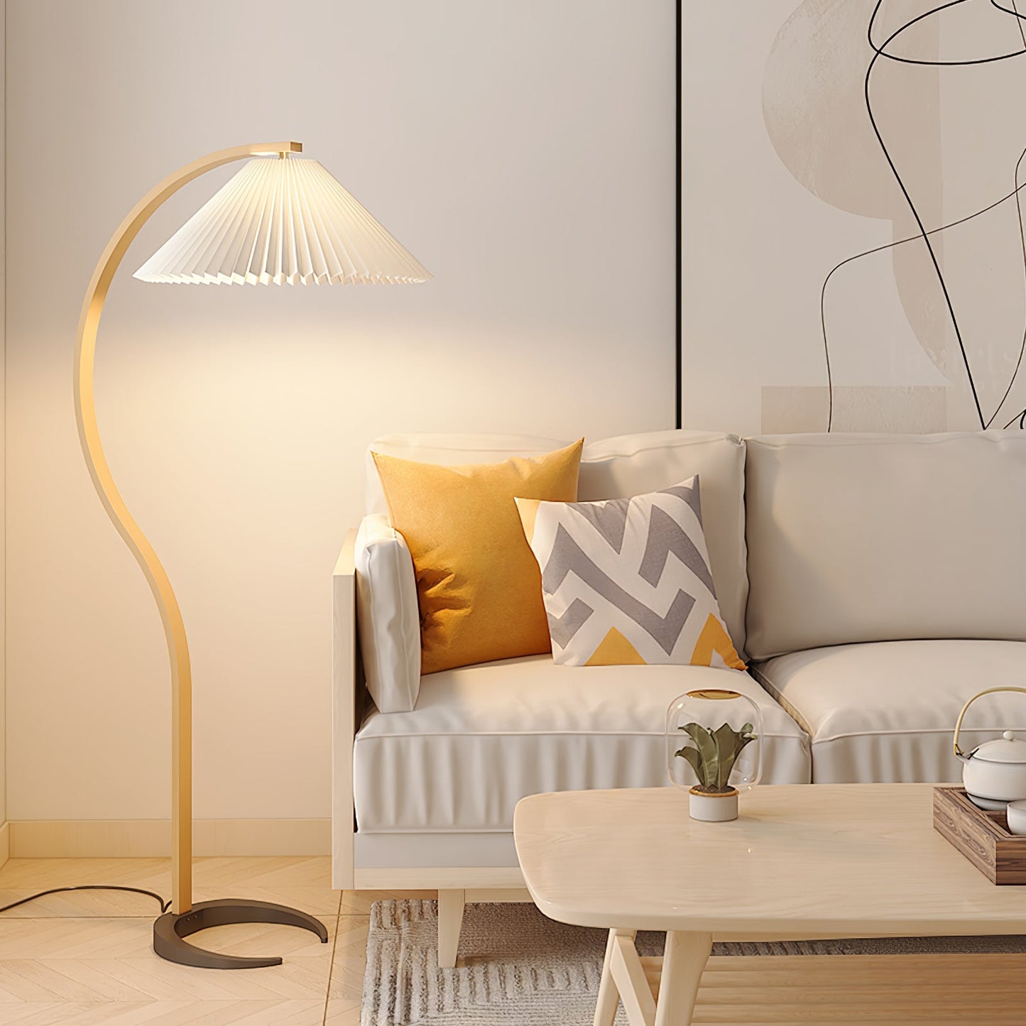Mid-Century Floor Lamp | Beech Wood & Linen | White, Beige, Brown