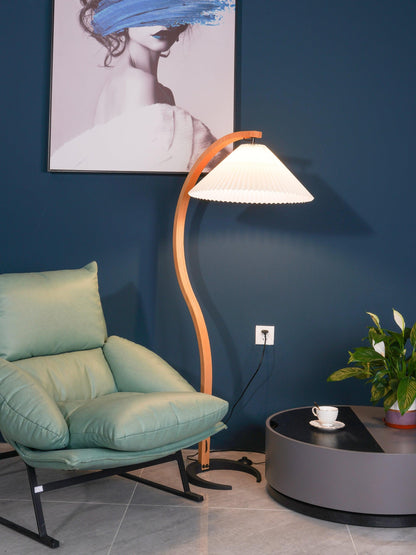 Mid-Century Floor Lamp | Beech Wood & Linen | White, Beige, Brown
