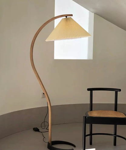 Mid-Century Floor Lamp | Beech Wood & Linen | White, Beige, Brown
