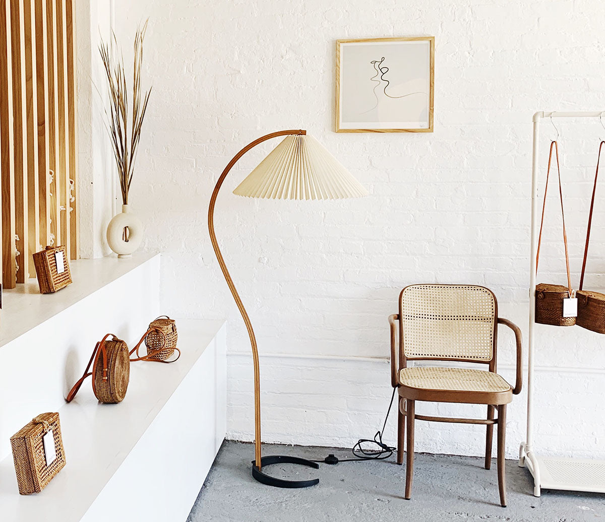 Mid-Century Floor Lamp | Beech Wood & Linen | White, Beige, Brown