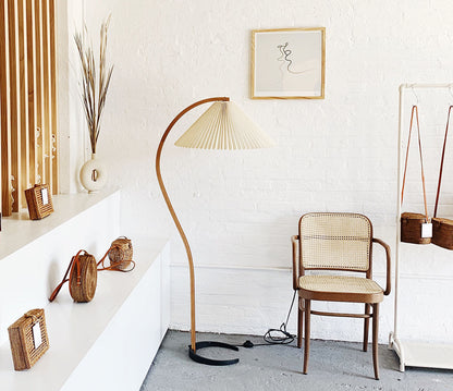 Mid-Century Floor Lamp | Beech Wood & Linen | White, Beige, Brown