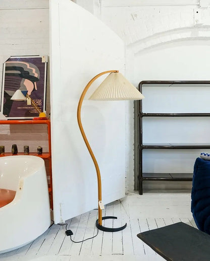 Mid-Century Floor Lamp | Beech Wood & Linen | White, Beige, Brown
