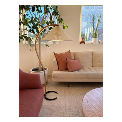Mid-Century Floor Lamp | Beech Wood & Linen | White, Beige, Brown