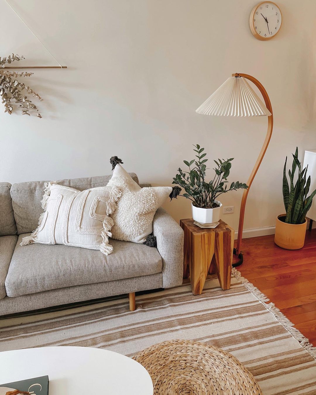 Mid-Century Floor Lamp | Beech Wood & Linen | White, Beige, Brown