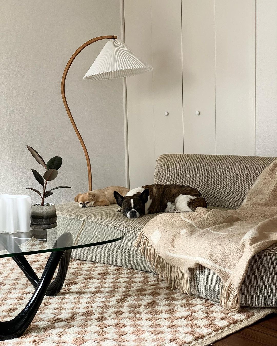 Mid-Century Floor Lamp | Beech Wood & Linen | White, Beige, Brown
