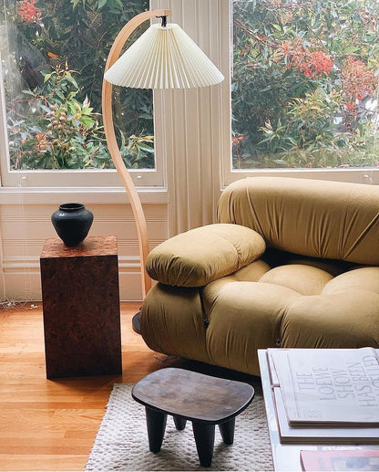 Mid-Century Floor Lamp | Beech Wood & Linen | White, Beige, Brown