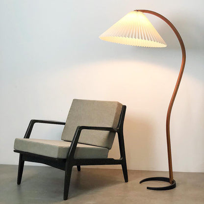 Mid-Century Floor Lamp | Beech Wood & Linen | White, Beige, Brown