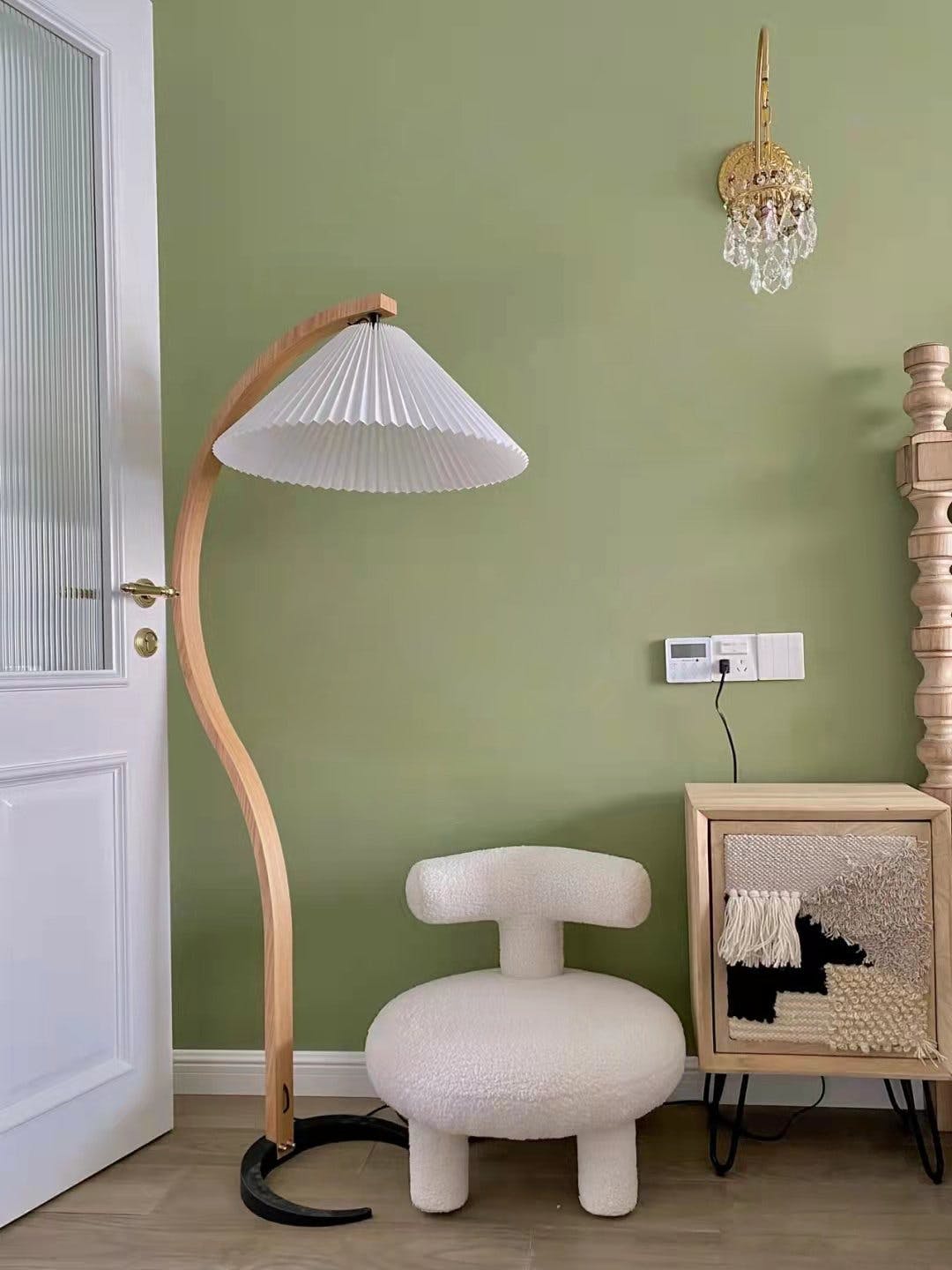 Mid-Century Floor Lamp | Beech Wood & Linen | White, Beige, Brown