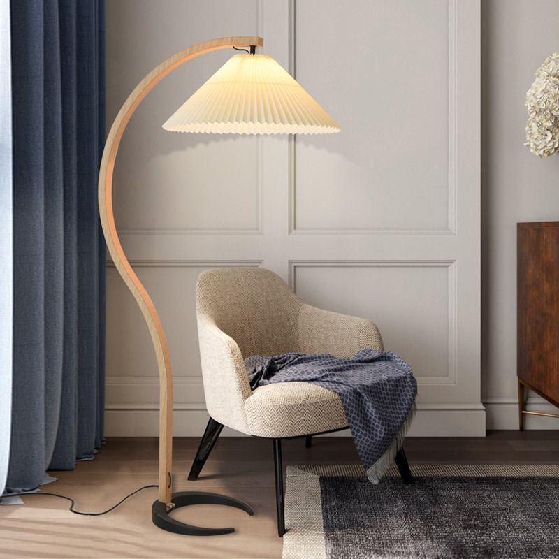 Mid-Century Floor Lamp | Beech Wood & Linen | White, Beige, Brown