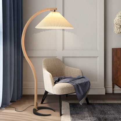 Mid-Century Floor Lamp | Beech Wood & Linen | White, Beige, Brown