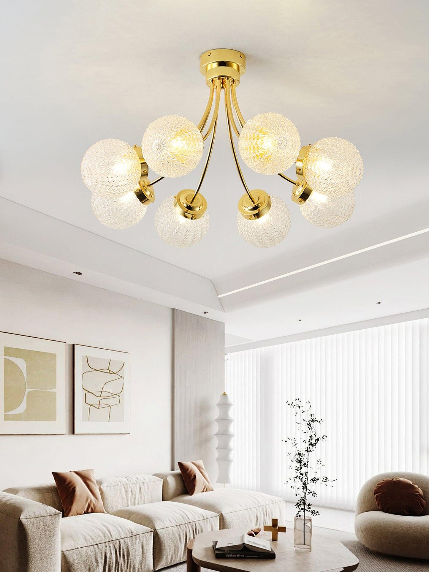 Carved Glass Ceiling Lamp | Metal & Glass | Gold/Chrome