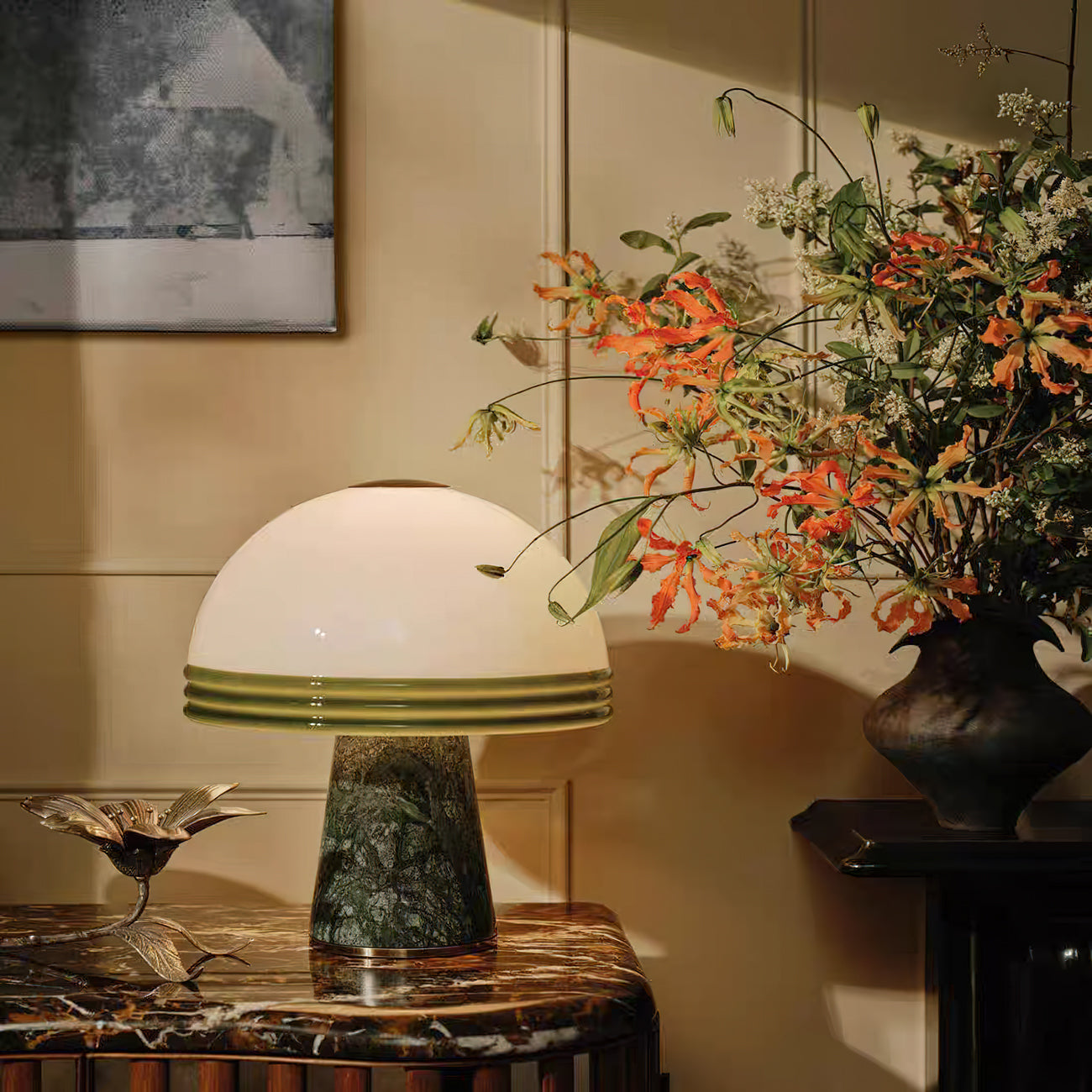 Marble Table Lamp | Green Marble Base | White Glass Shade