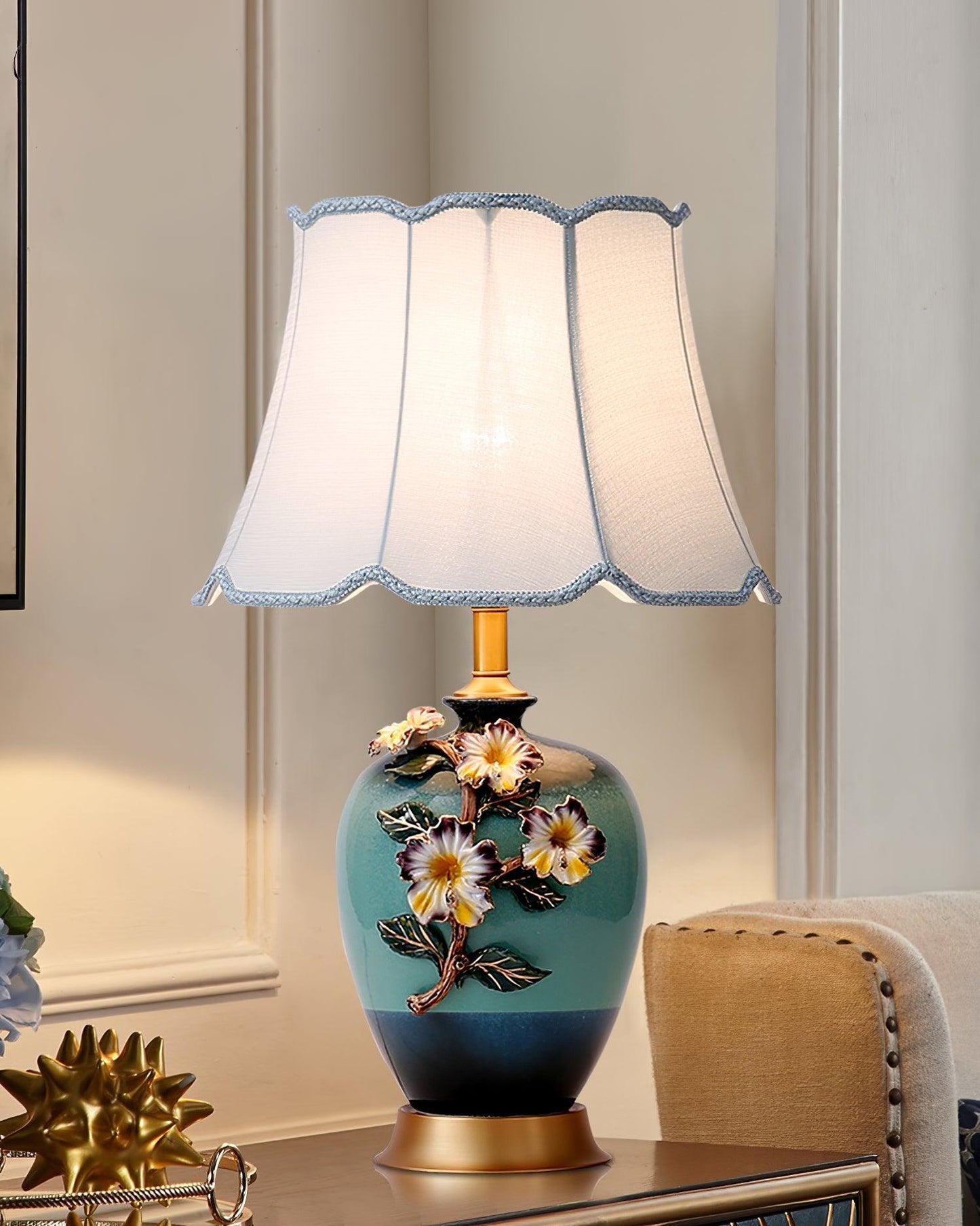 Ceramic Table Lamp | Gold & Blue Finish | White Shade