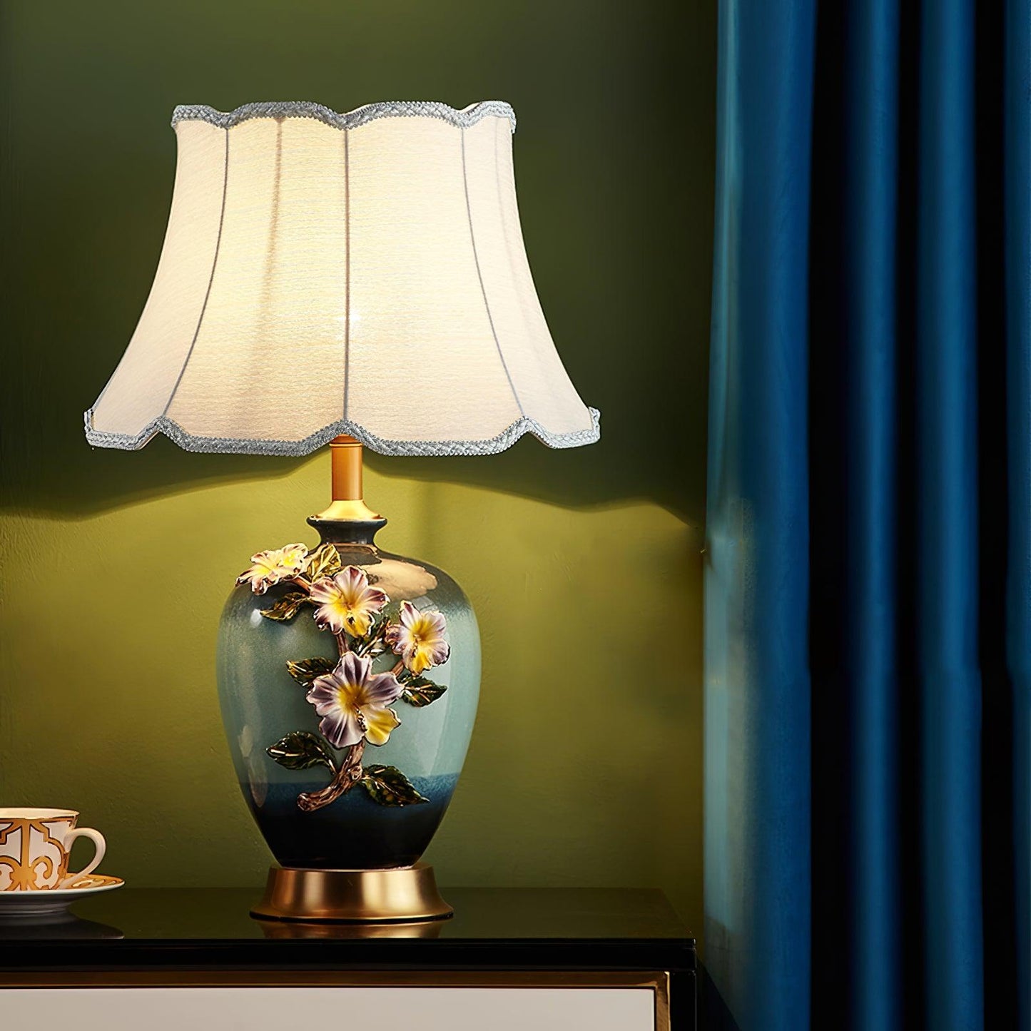 Ceramic Table Lamp | Gold & Blue Finish | White Shade