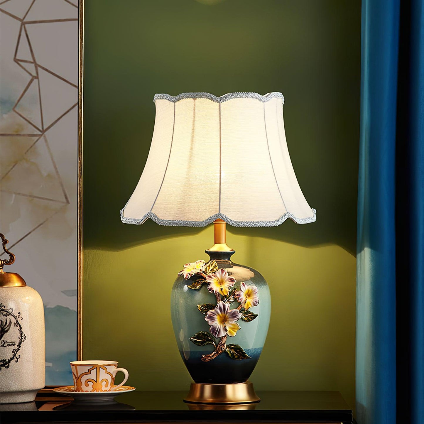 Ceramic Table Lamp | Gold & Blue Finish | White Shade