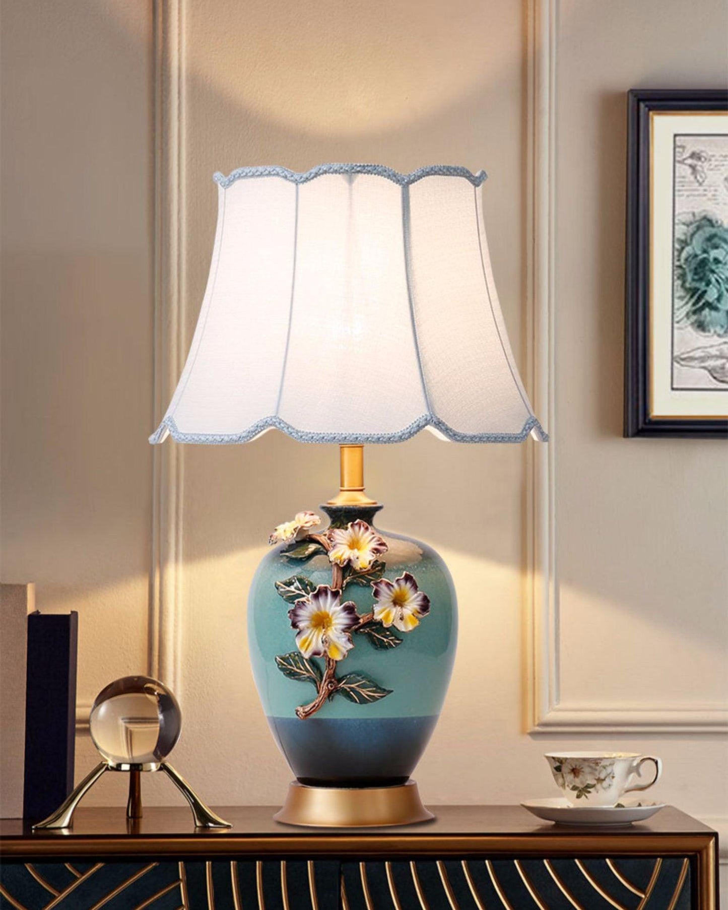 Ceramic Table Lamp | Gold & Blue Finish | White Shade