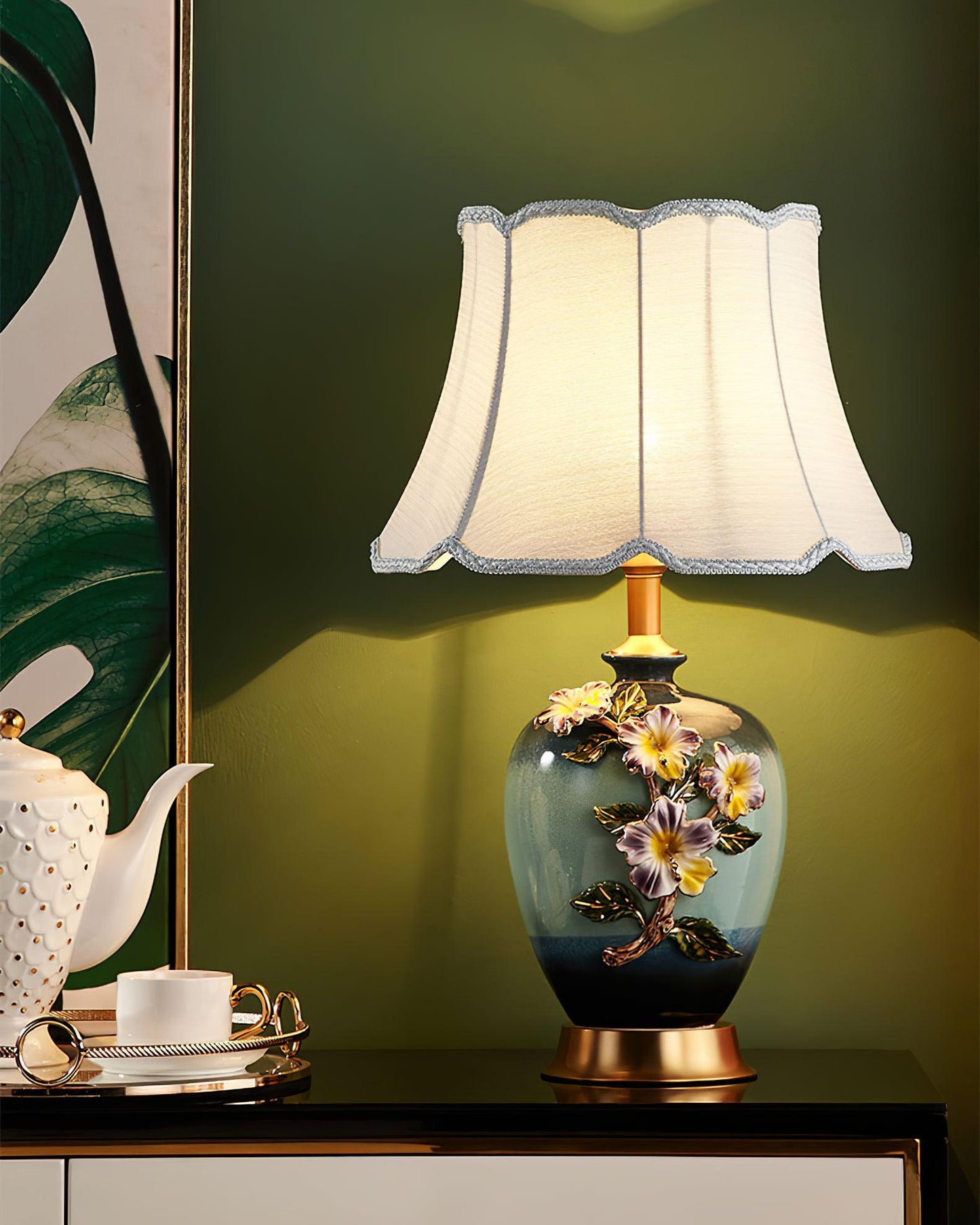 Ceramic Table Lamp | Gold & Blue Finish | White Shade