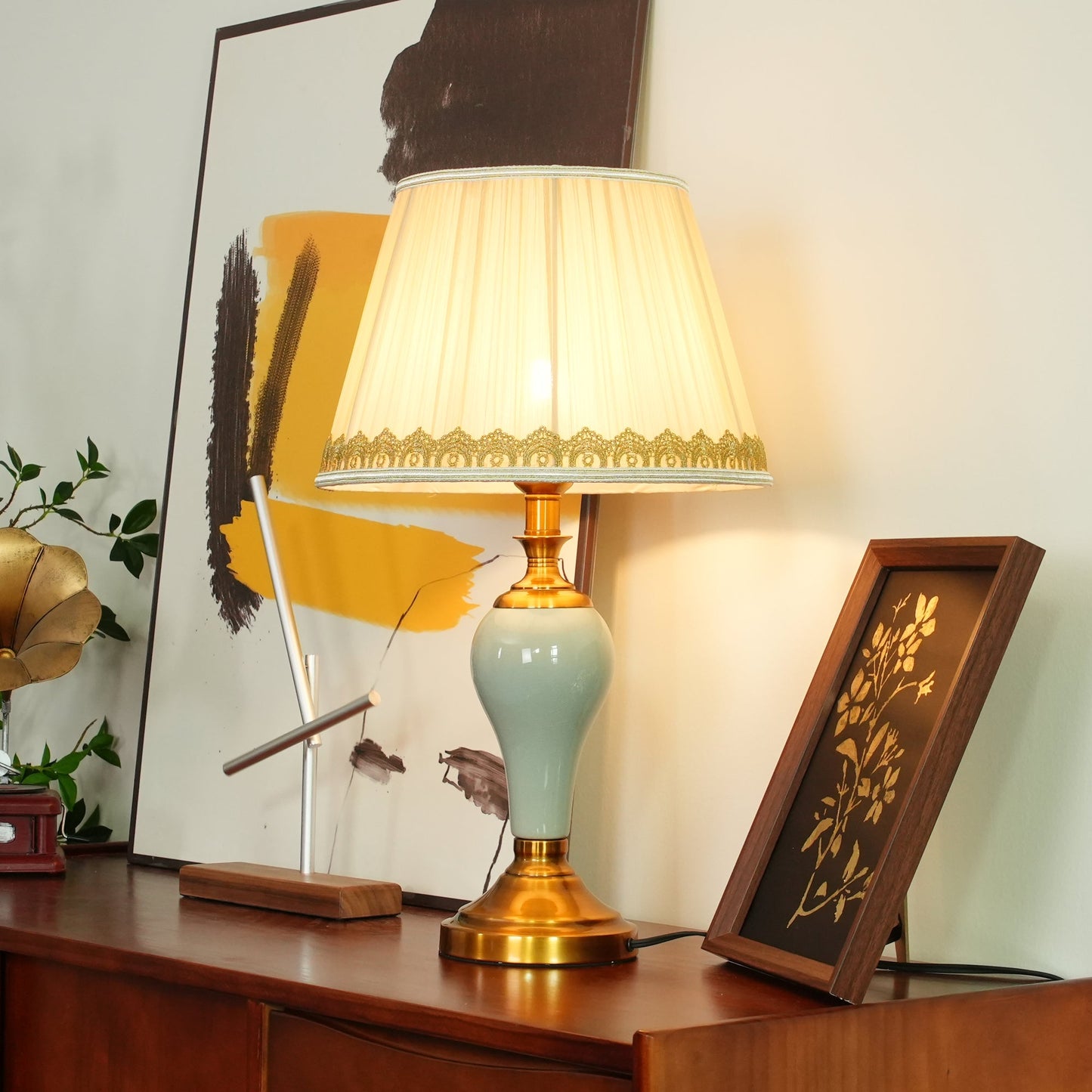 Chaslyn Desk Lamp | Brass, Ceramic, Fabric | Blue