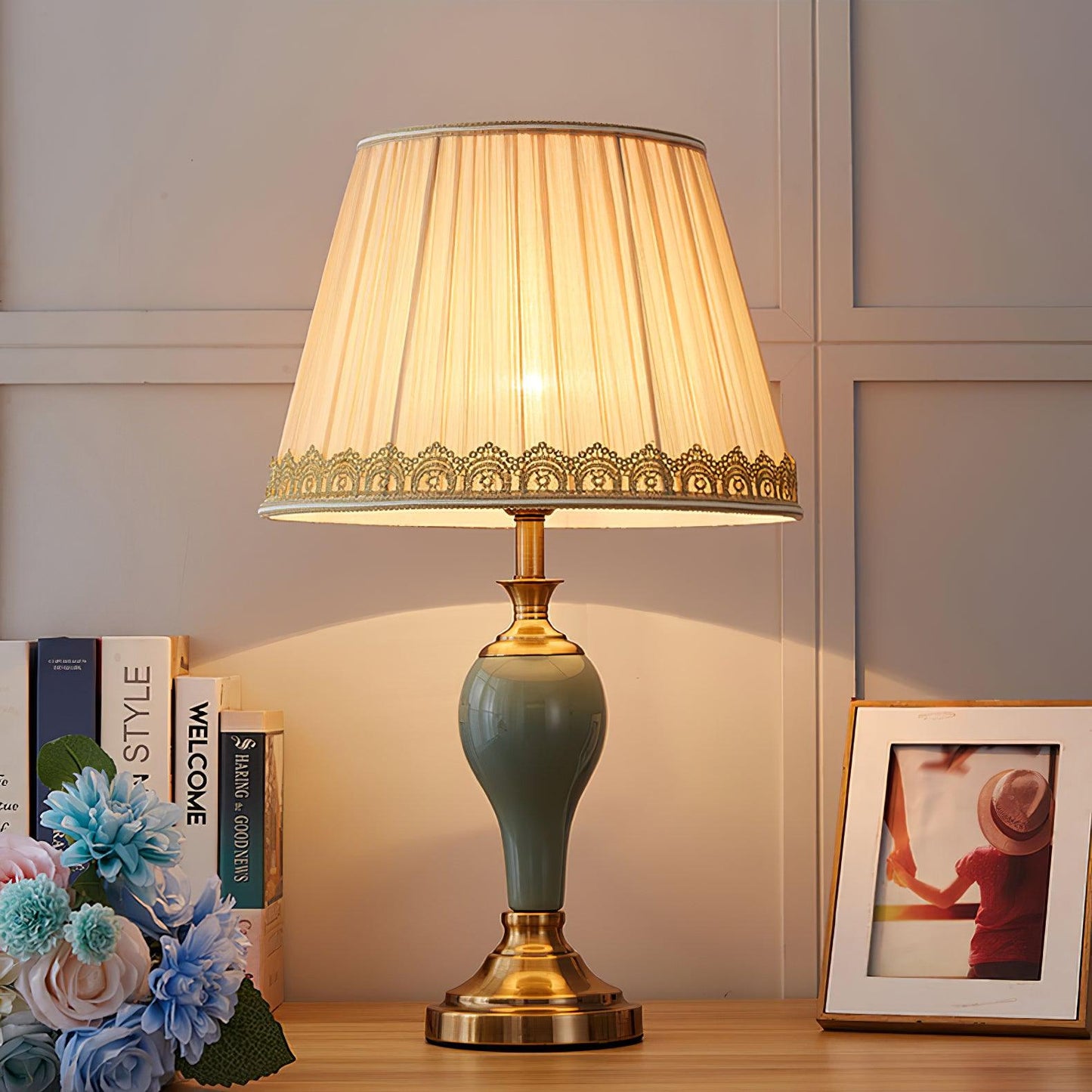 Chaslyn Desk Lamp | Brass, Ceramic, Fabric | Blue