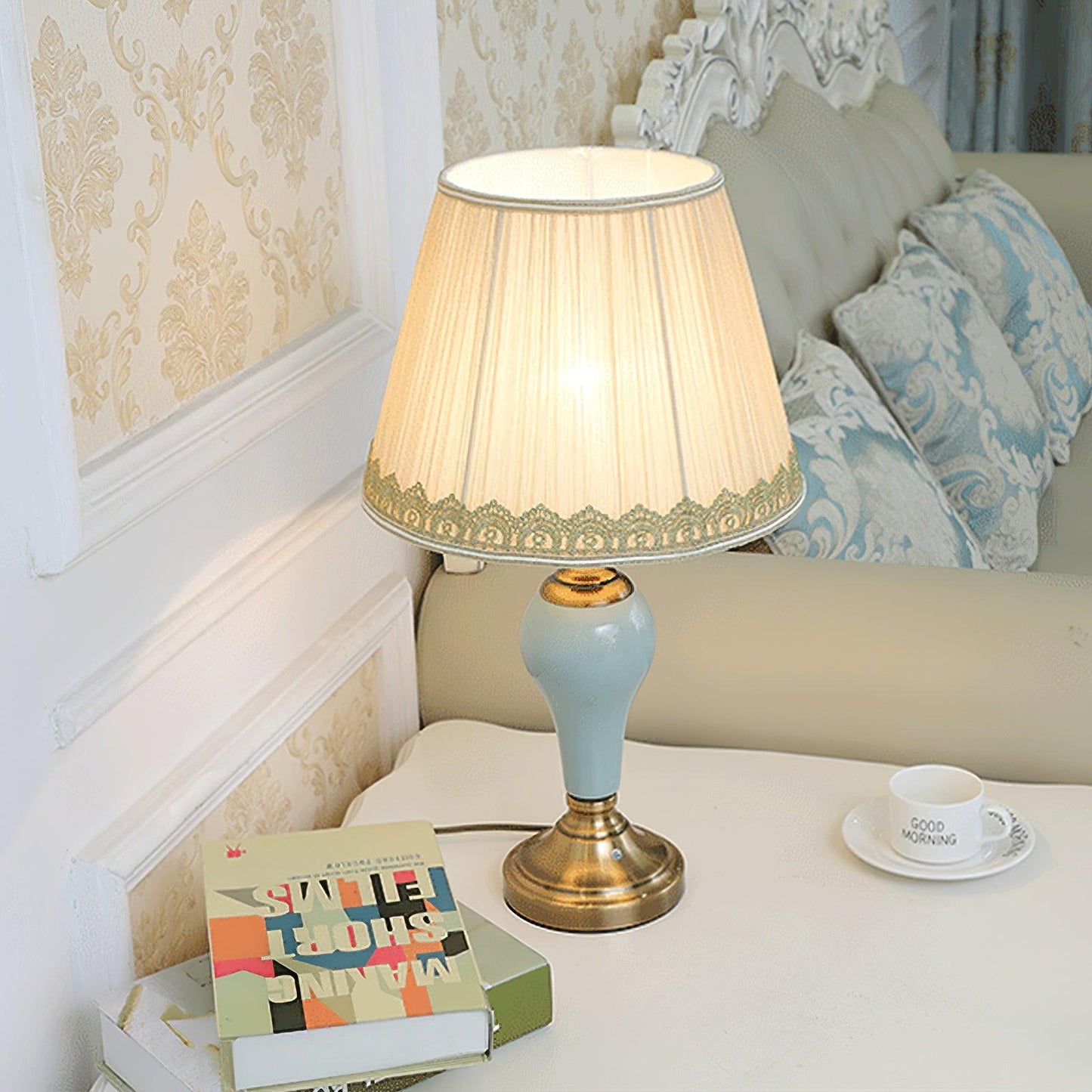 Chaslyn Desk Lamp | Brass, Ceramic, Fabric | Blue