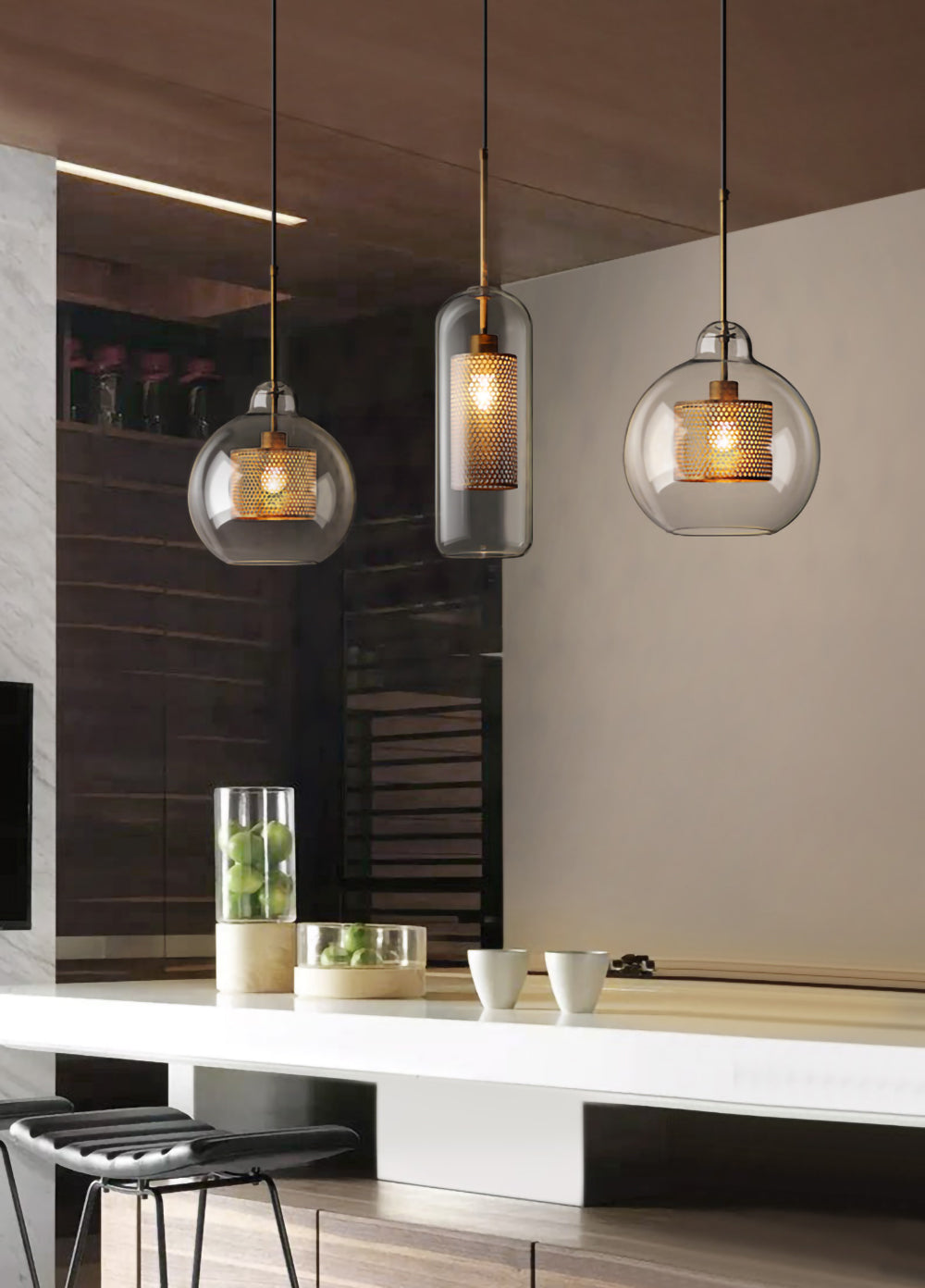 Chiswick Glass Pendant Light | Midcentury Style | Clear & Amber Glass, Copper/Silver/Black