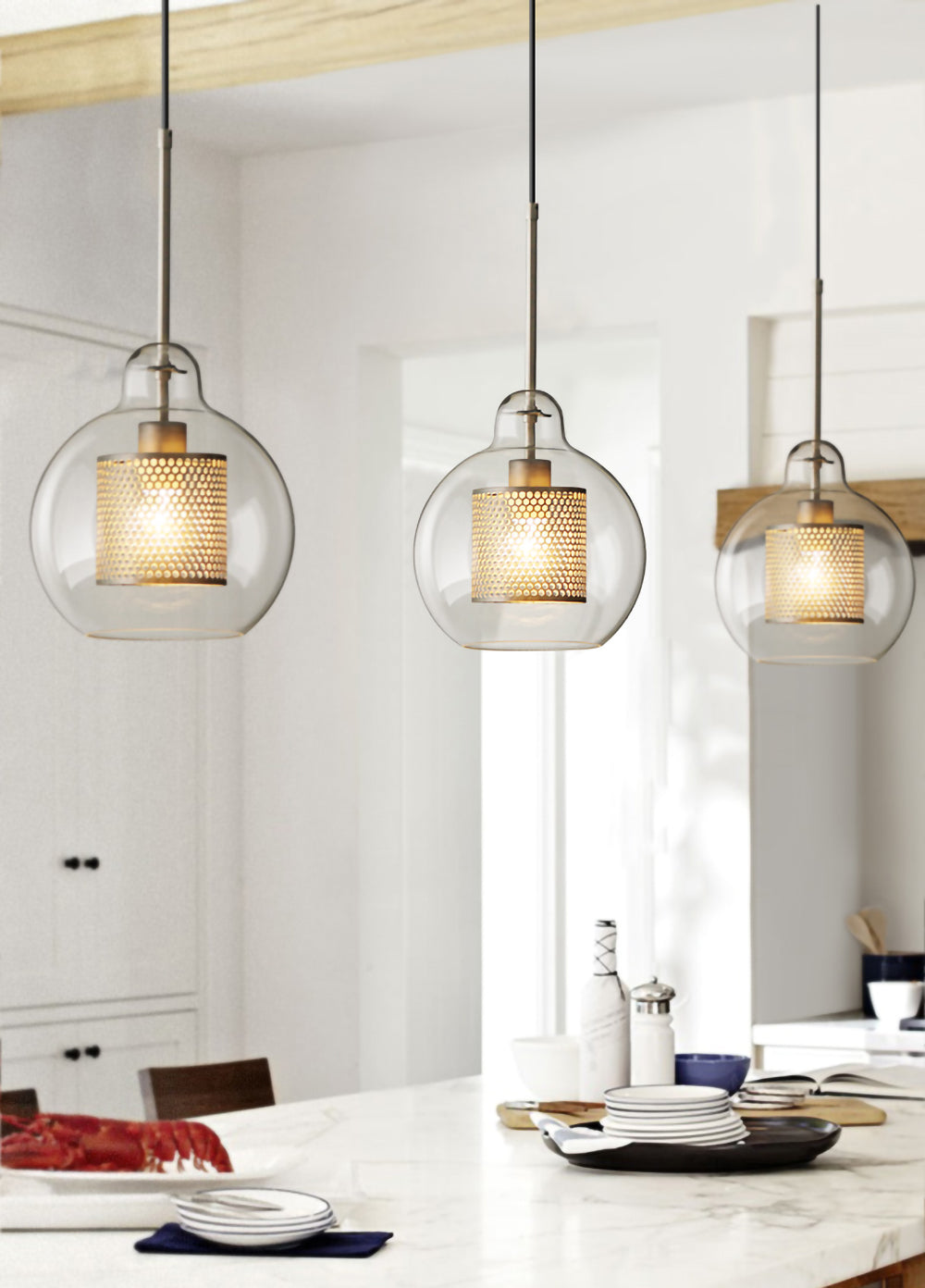 Chiswick Glass Pendant Light | Midcentury Style | Clear & Amber Glass, Copper/Silver/Black