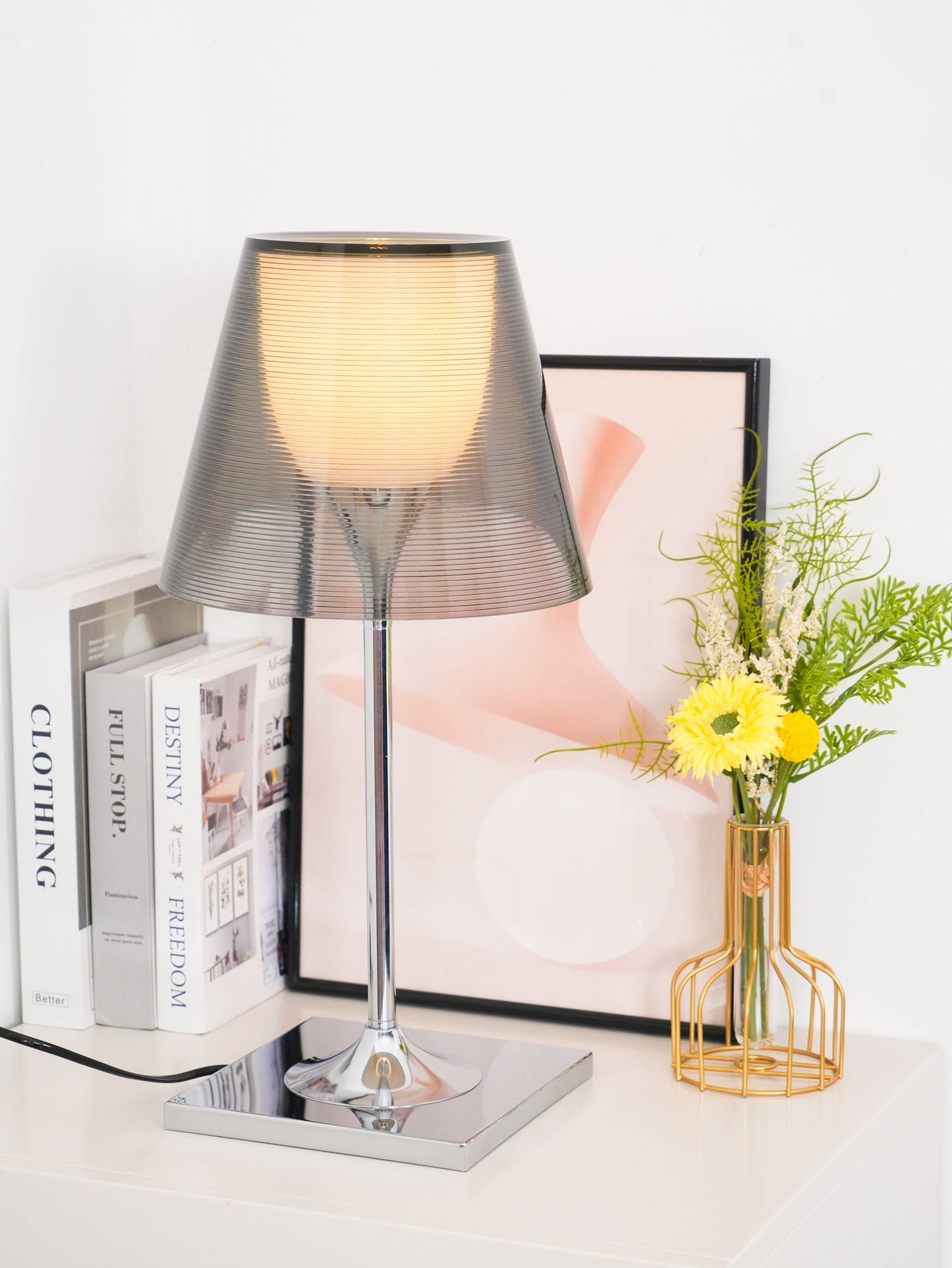 Chrome Prism Table Lamp | Metal, Acrylic, Plastic | Clear, Smoke Grey, Bronze