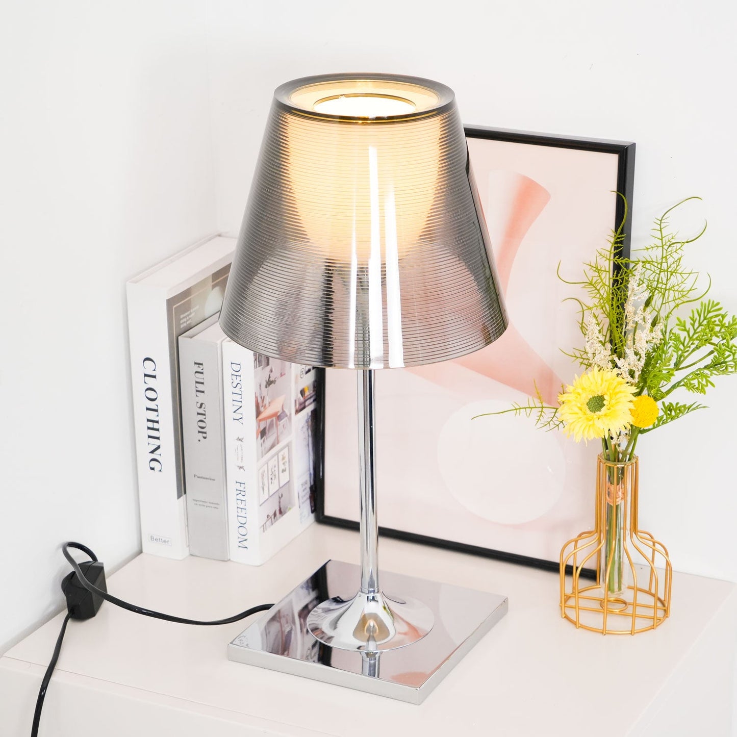 Chrome Prism Table Lamp | Metal, Acrylic, Plastic | Clear, Smoke Grey, Bronze