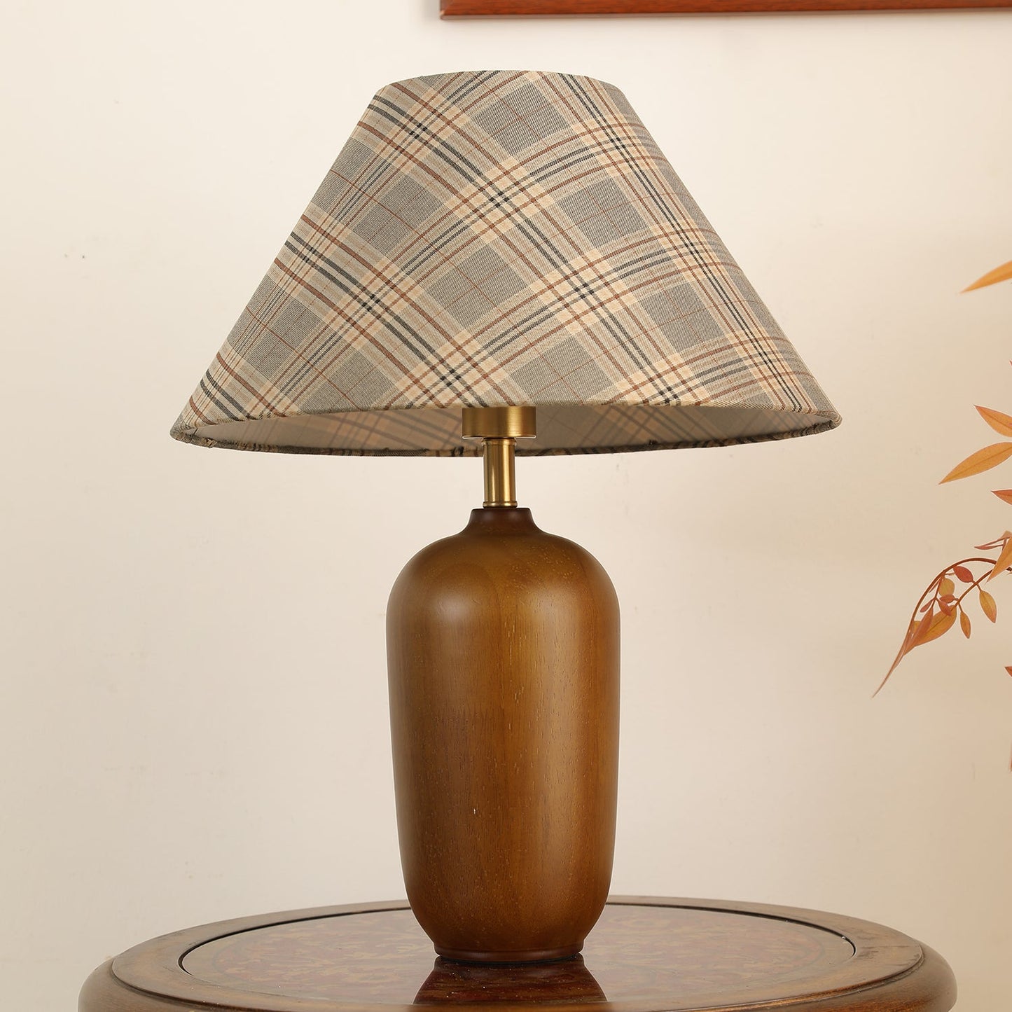 Clara Table Lamp | Walnut Base | Plaid Shade