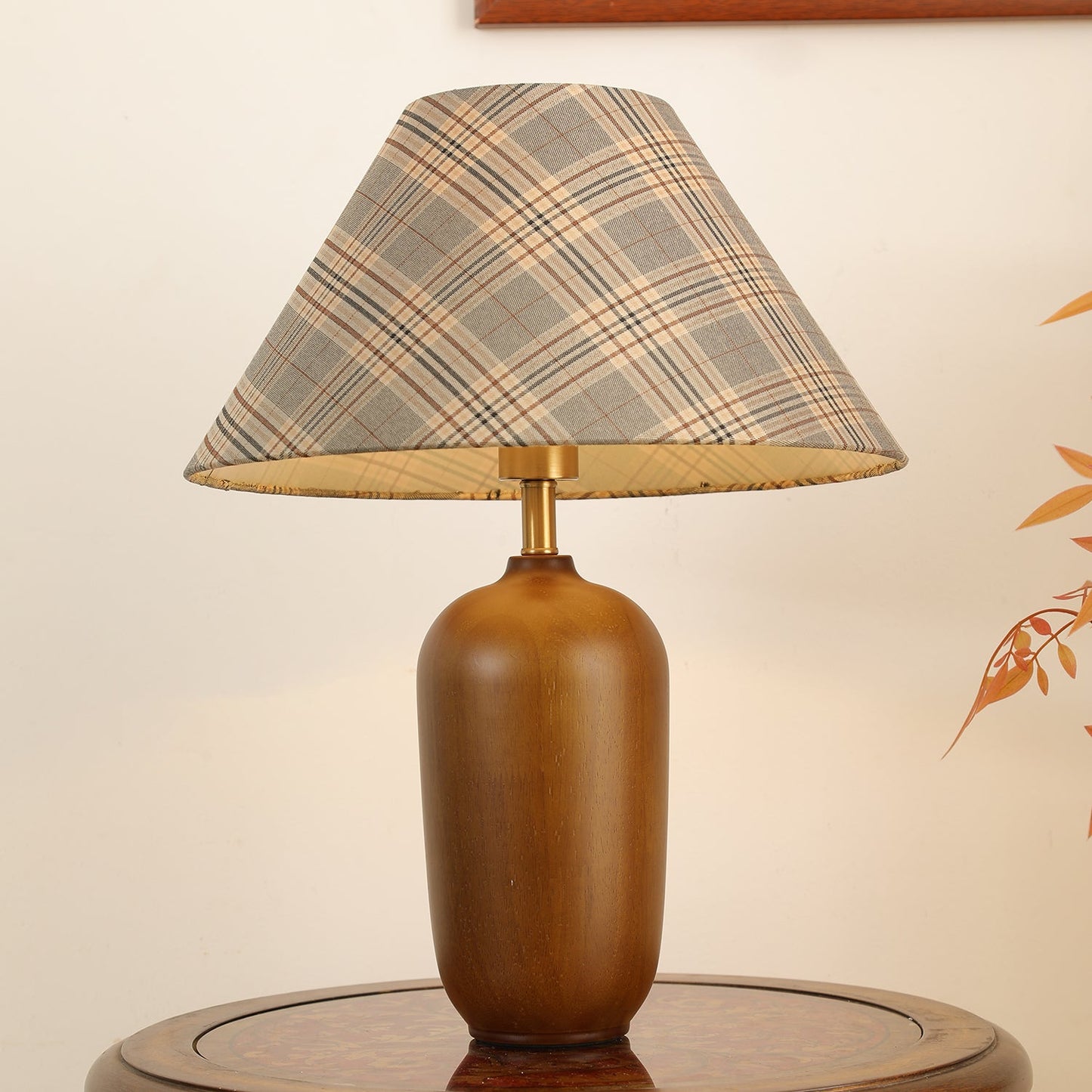 Clara Table Lamp | Walnut Base | Plaid Shade