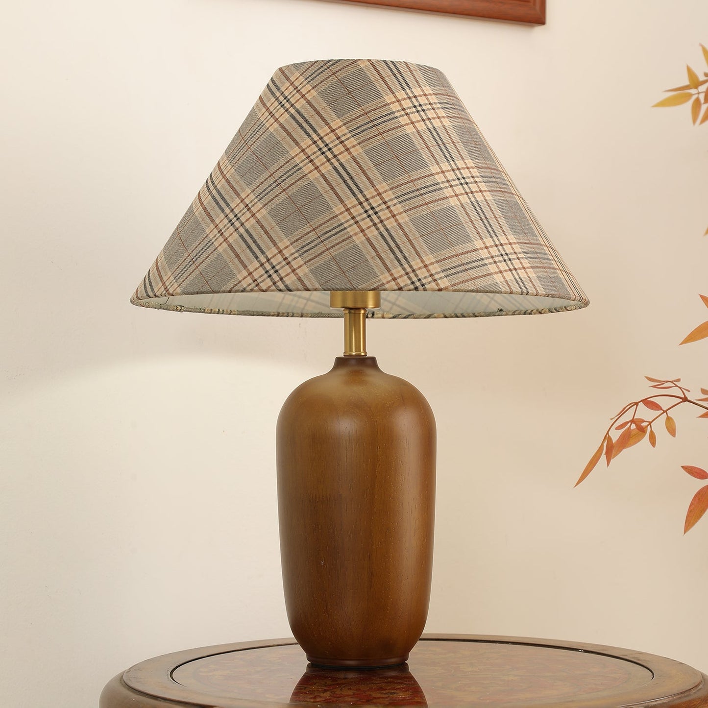 Clara Table Lamp | Walnut Base | Plaid Shade