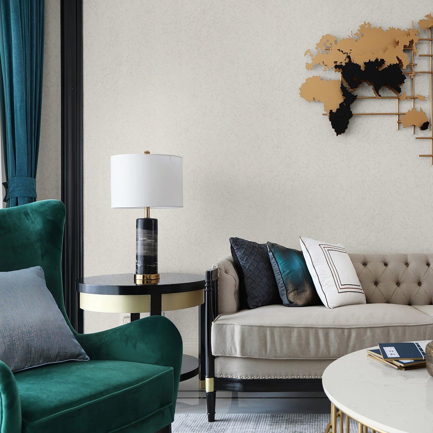 Cliff Table Lamp | Metal, Marble, Fabric | Black Marble, White Shade