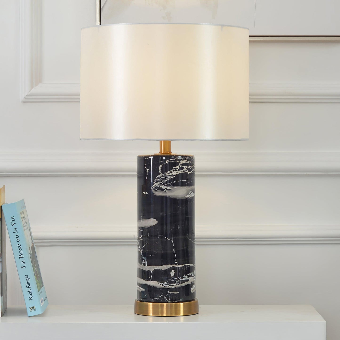 Cliff Table Lamp | Metal, Marble, Fabric | Black Marble, White Shade