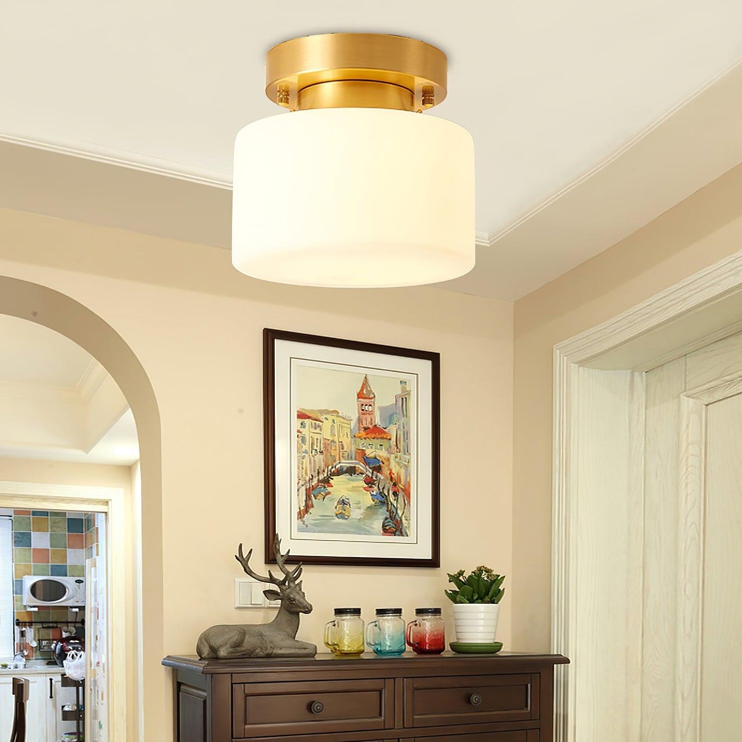 Clinio Flush Mount Ceiling Light | Brass & Glass | White Shade
