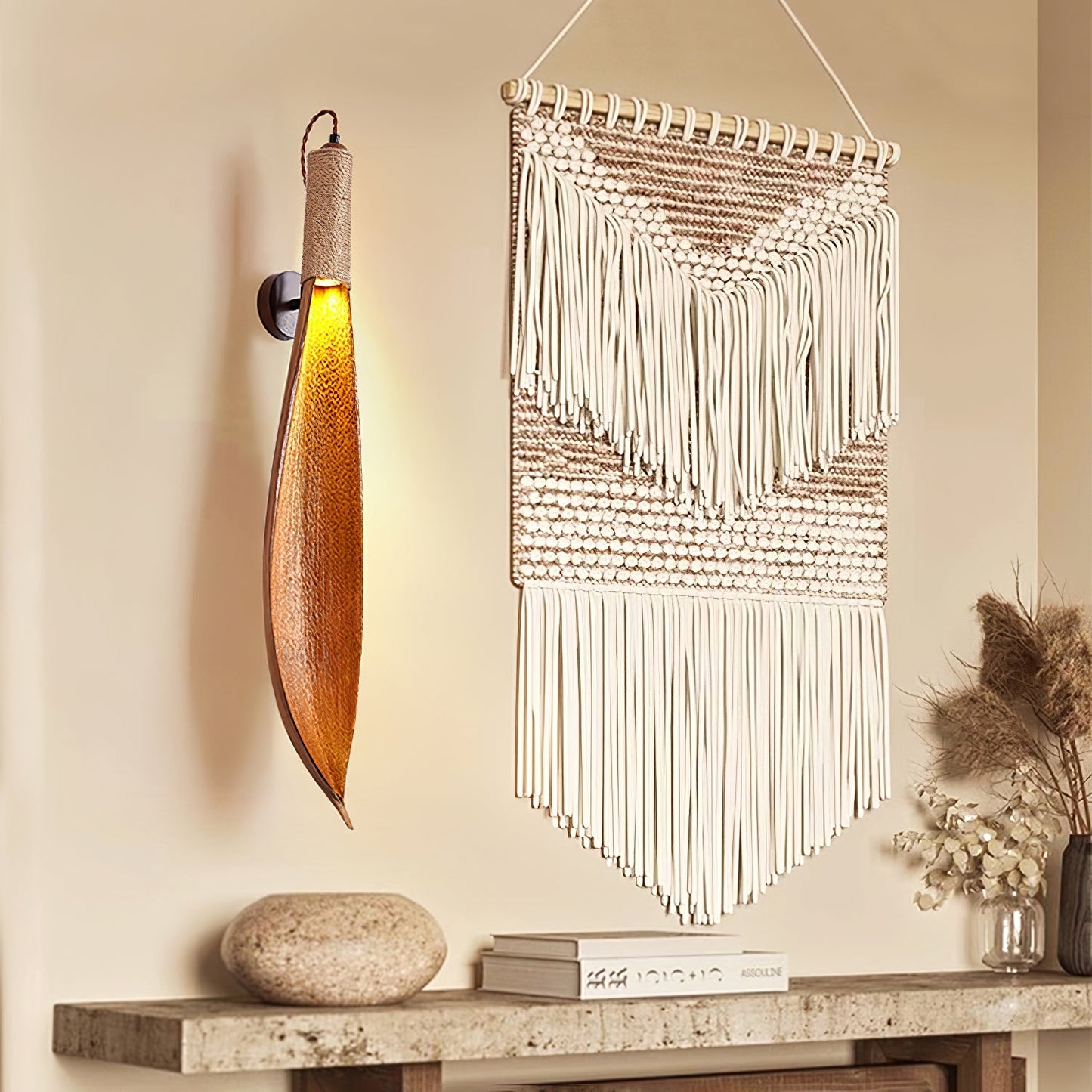 Cocoa Leaf Wall Sconce | Natural Leaf & Hemp Rope | Black