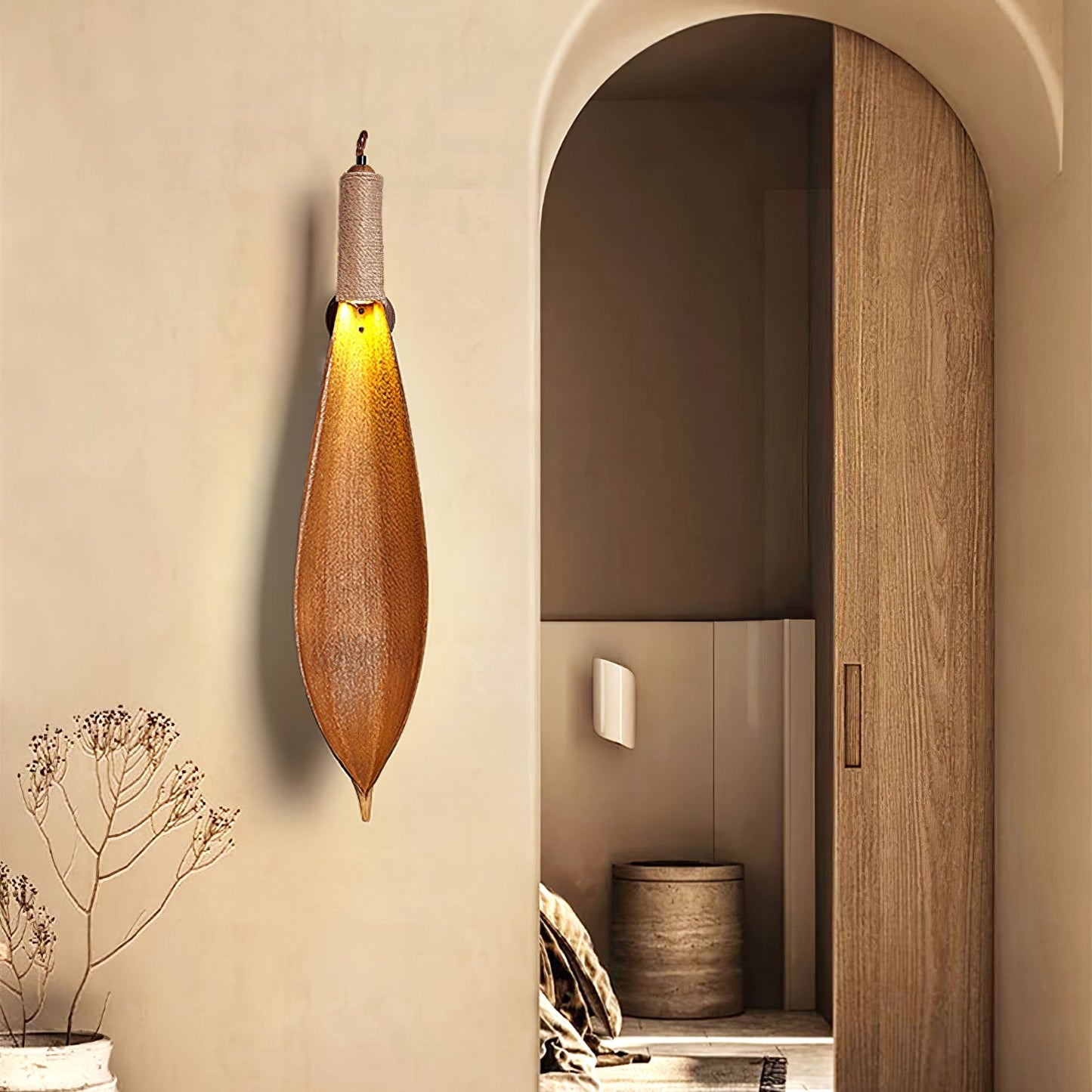 Cocoa Leaf Wall Sconce | Natural Leaf & Hemp Rope | Black