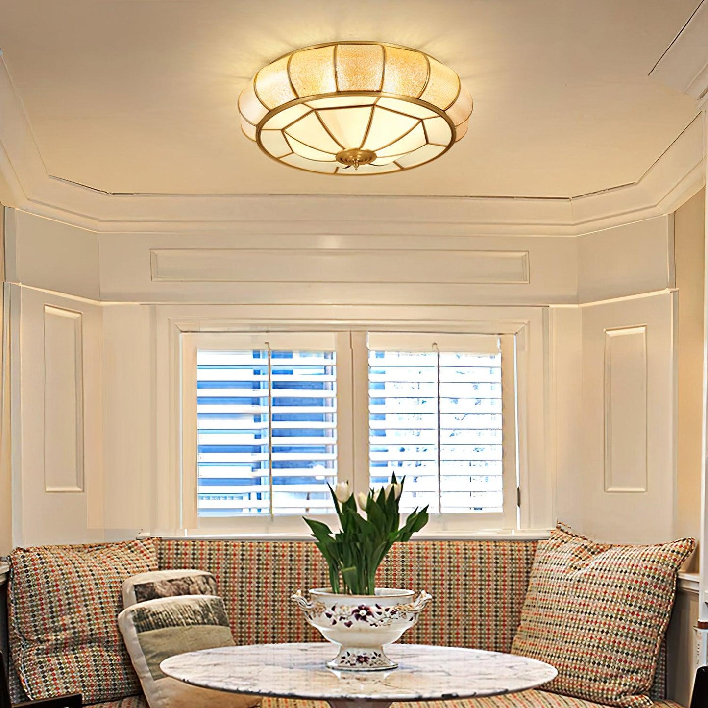 Colonial Glass Drum Ceiling Light | Brass & Glass | White Shade
