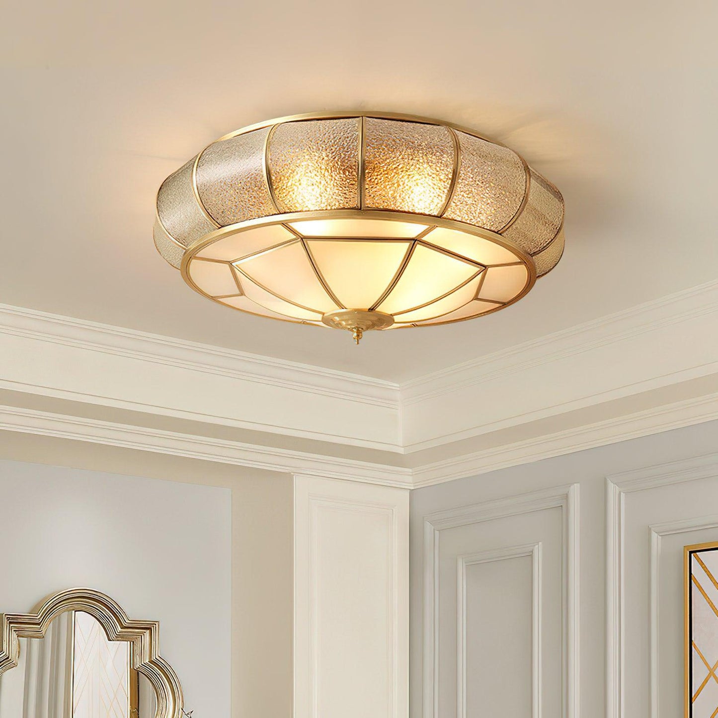 Colonial Glass Drum Ceiling Light | Brass & Glass | White Shade
