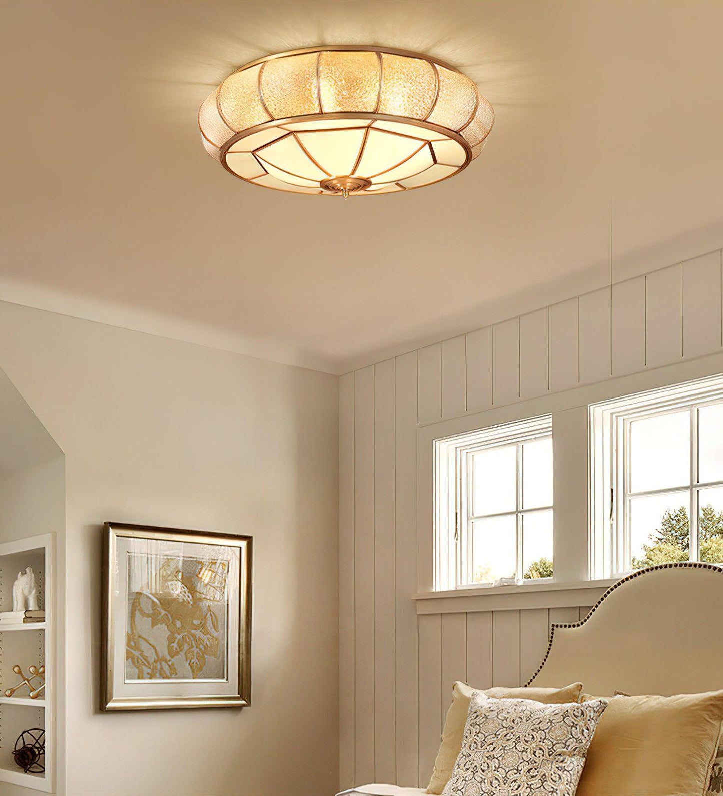 Colonial Glass Drum Ceiling Light | Brass & Glass | White Shade