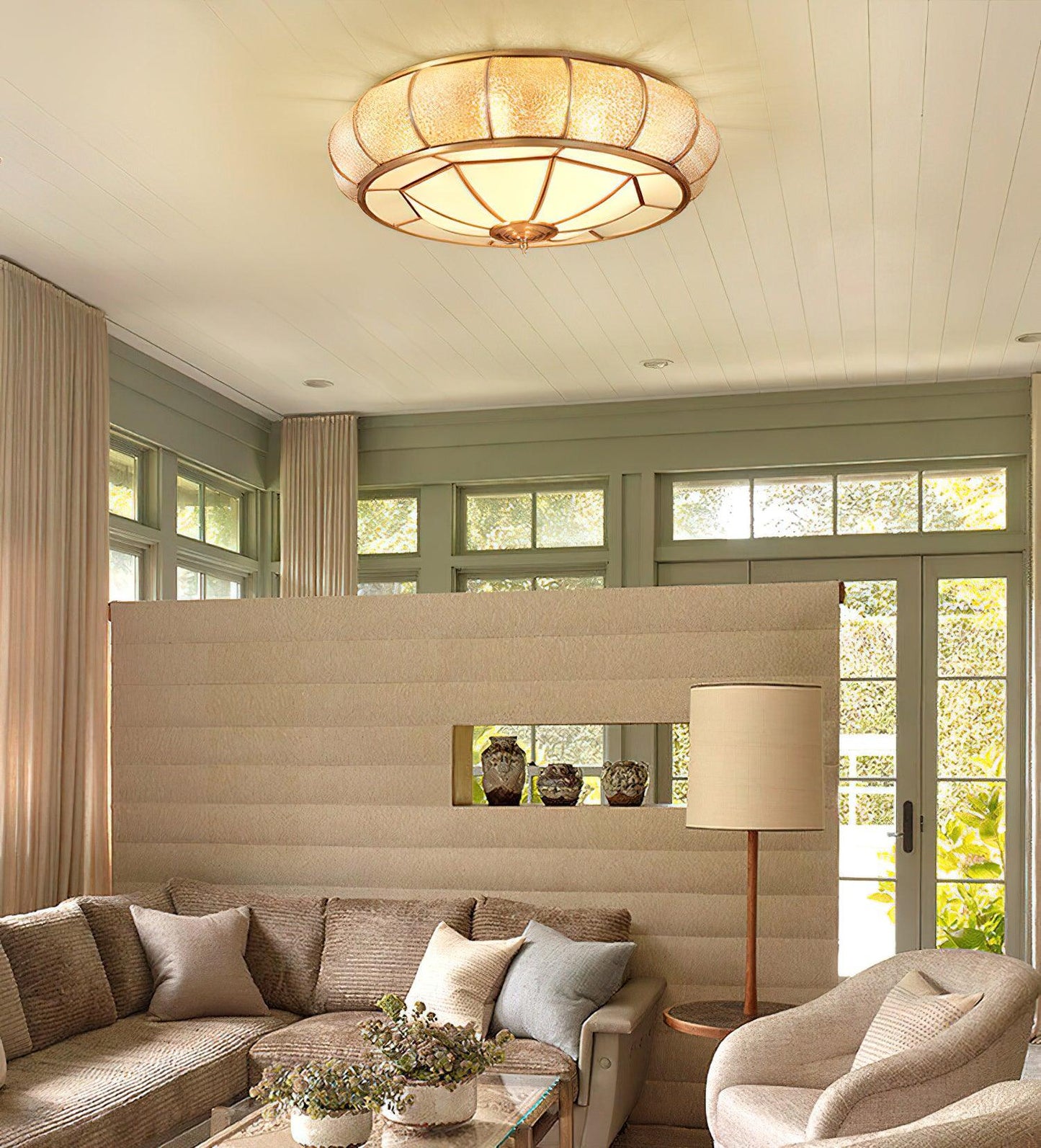 Colonial Glass Drum Ceiling Light | Brass & Glass | White Shade