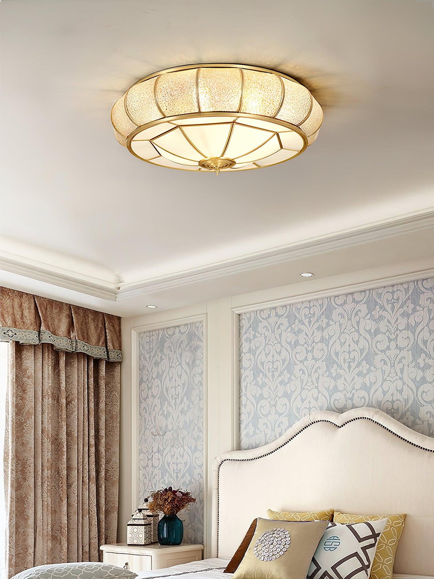 Colonial Glass Drum Ceiling Light | Brass & Glass | White Shade