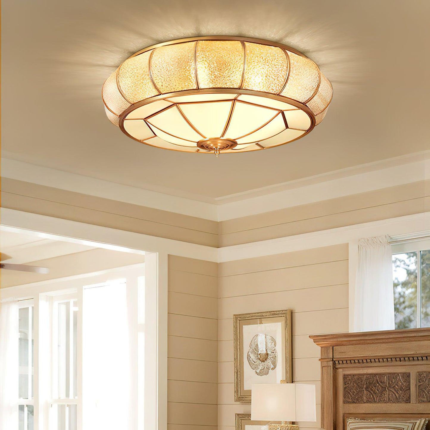 Colonial Glass Drum Ceiling Light | Brass & Glass | White Shade