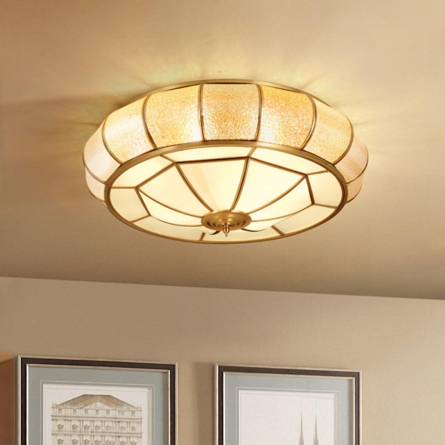 Colonial Glass Drum Ceiling Light | Brass & Glass | White Shade