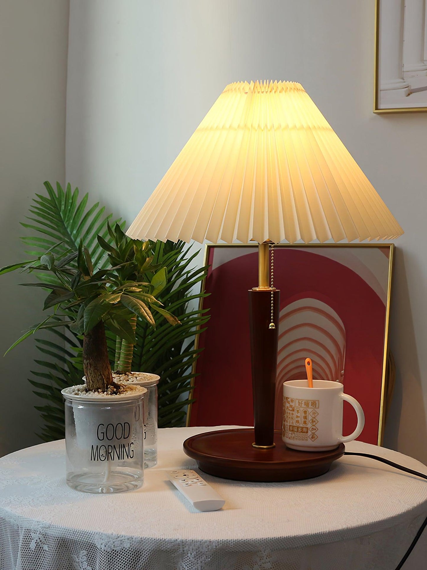Table Lamp | White Linen Shade & Brass Accents | 36cm Diameter