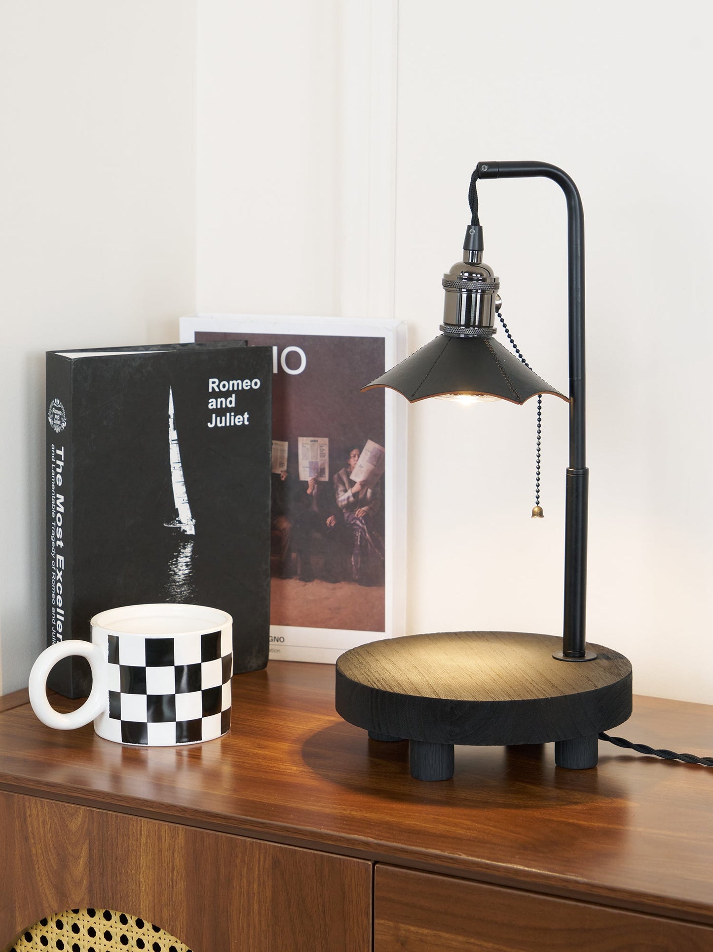 Cordero Wooden Stool Table Lamp | Wooden & Leather | Rose Gold or Black