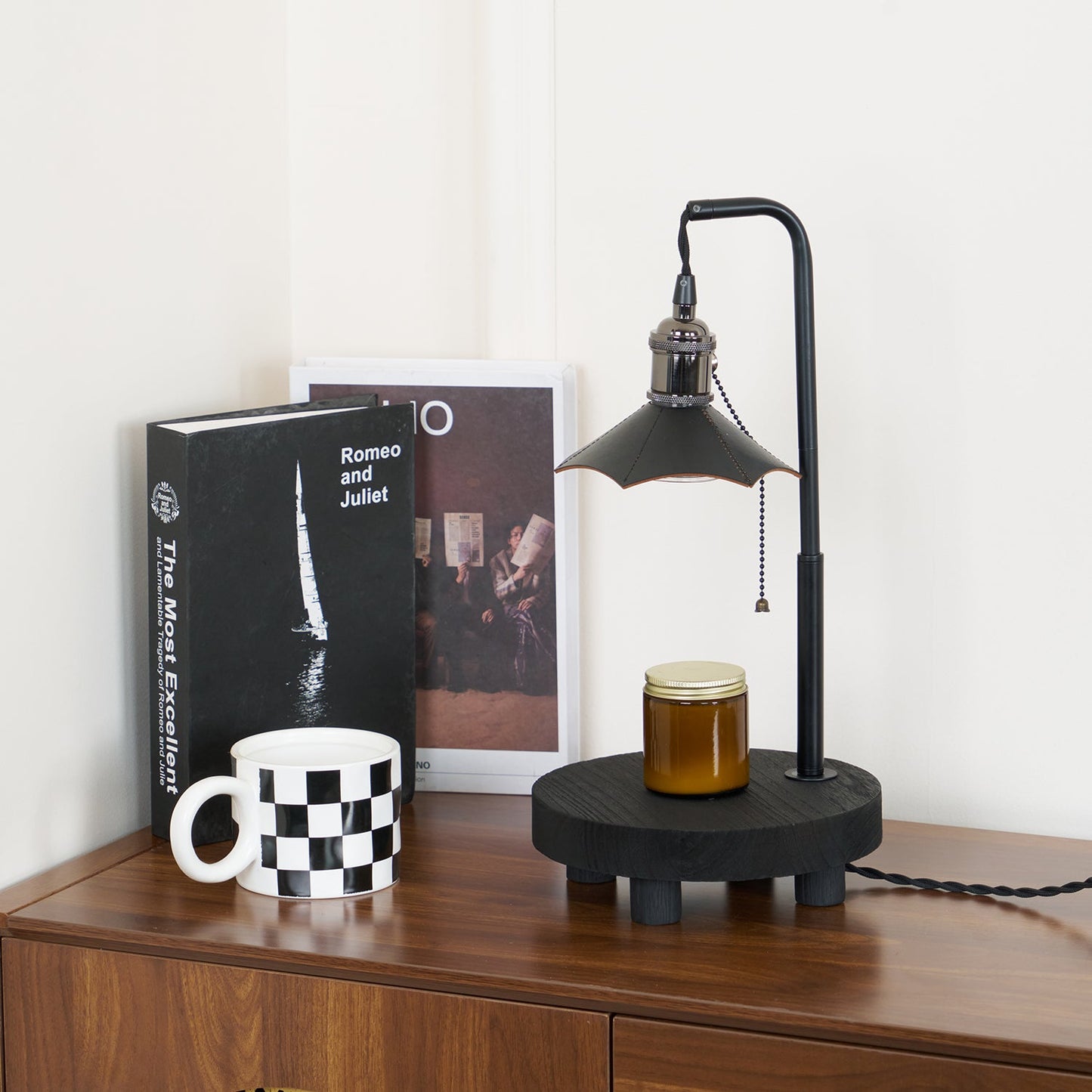 Cordero Wooden Stool Table Lamp | Wooden & Leather | Rose Gold or Black
